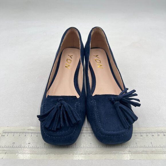 YDN Deep Blue Block Low Heel Loafer Square Toe Tassel Fringe Pump Slip On Shoes - Picture 3 of 8
